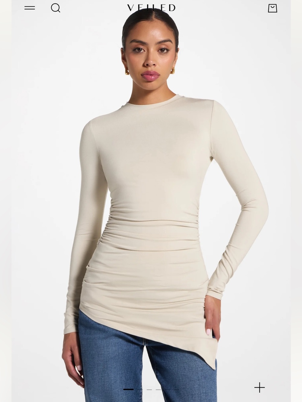 NEW VEILED Asymmetric Rouched Jersey Butter Top, Medium